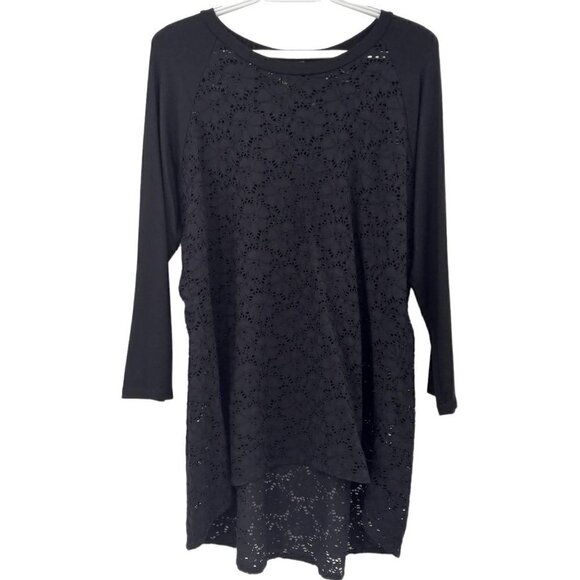 Comfy USA Black Lace Raglan Tunic Top Relaxed Hi-Low Lightweight Boxy Artsy M - Picture 1 of 7